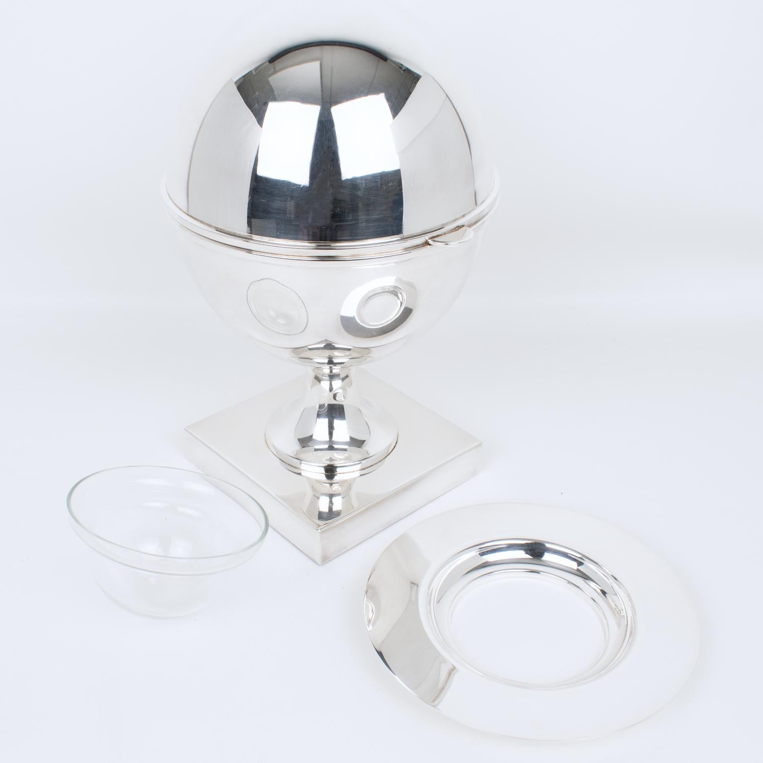 St James Silver Plate and Crystal Caviar Bowl Server Chiller, circa 1980 4