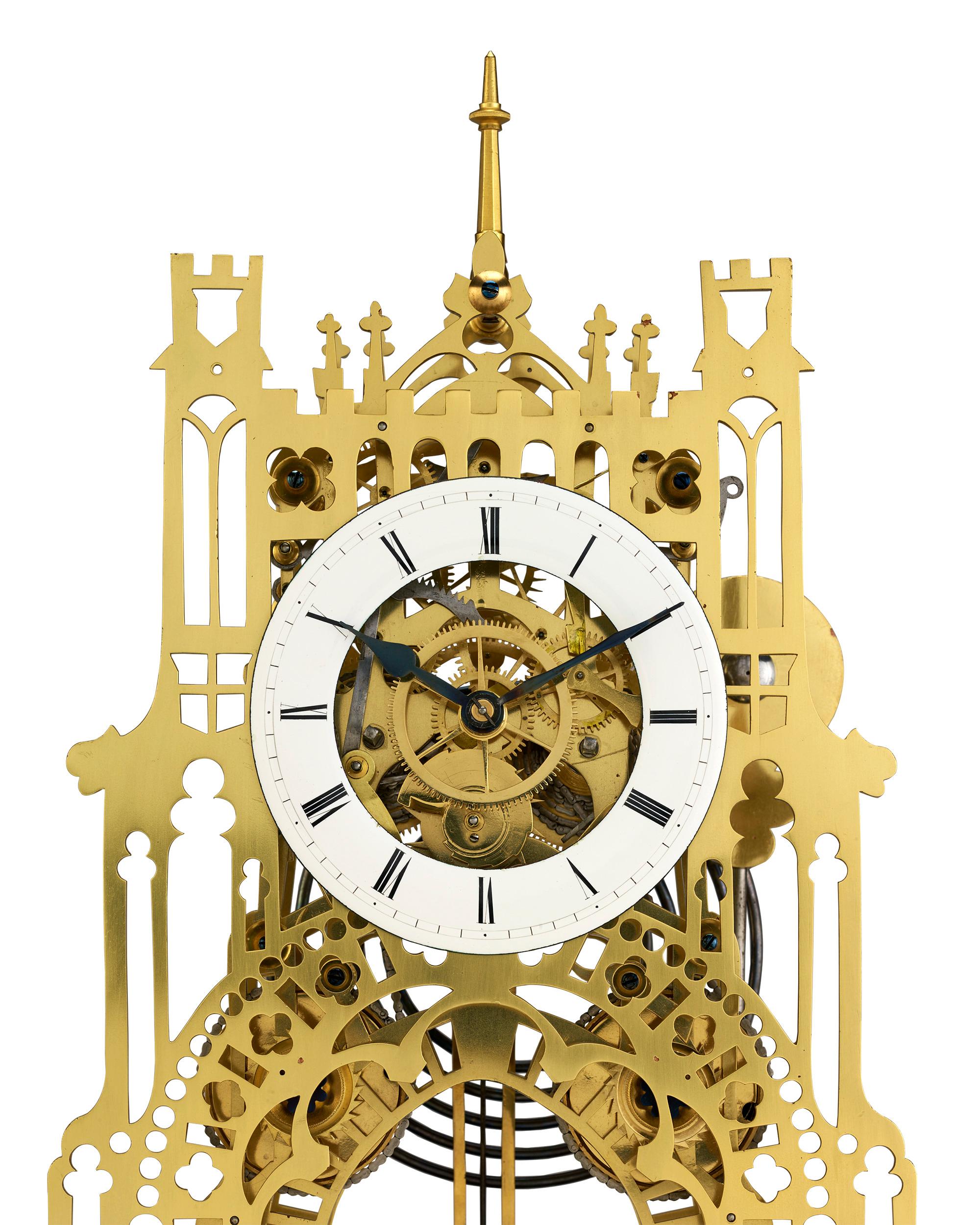 Depicting St. James Palace in London, this remarkable two-train fusée architectural skeleton clock is a wonderful specimen of 19th-century English clockmaking. Crafted by the preeminent firm of Evans of Handsworth, Birmingham, this rare