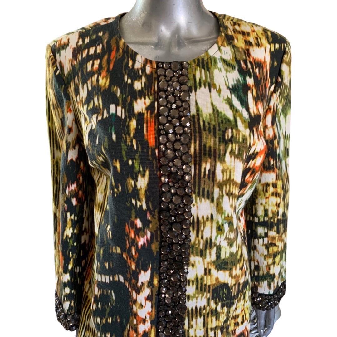 Black St. John Abstract Print Jacket with Brown Crystal Jewel Embellishments Size 12 For Sale