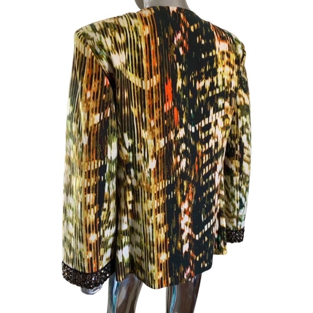 St. John Abstract Print Jacket with Brown Crystal Jewel Embellishments Size 12 In Good Condition For Sale In Palm Springs, CA
