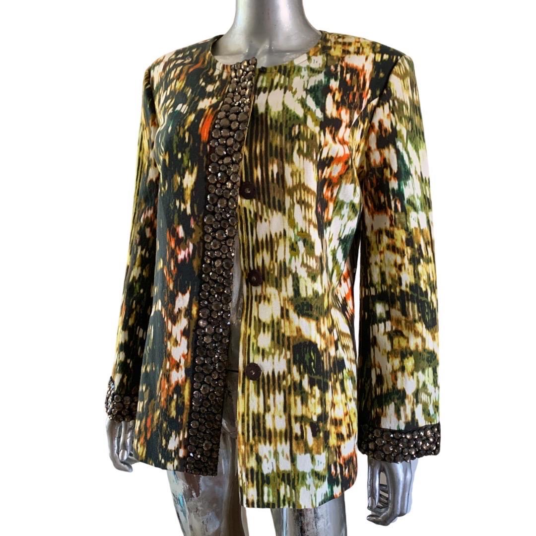 Women's St. John Abstract Print Jacket with Brown Crystal Jewel Embellishments Size 12 For Sale