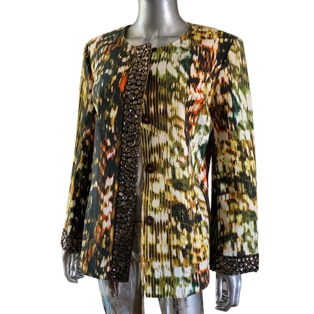 St. John Abstract Print Jacket with Brown Crystal Jewel Embellishments Size 12 For Sale 1