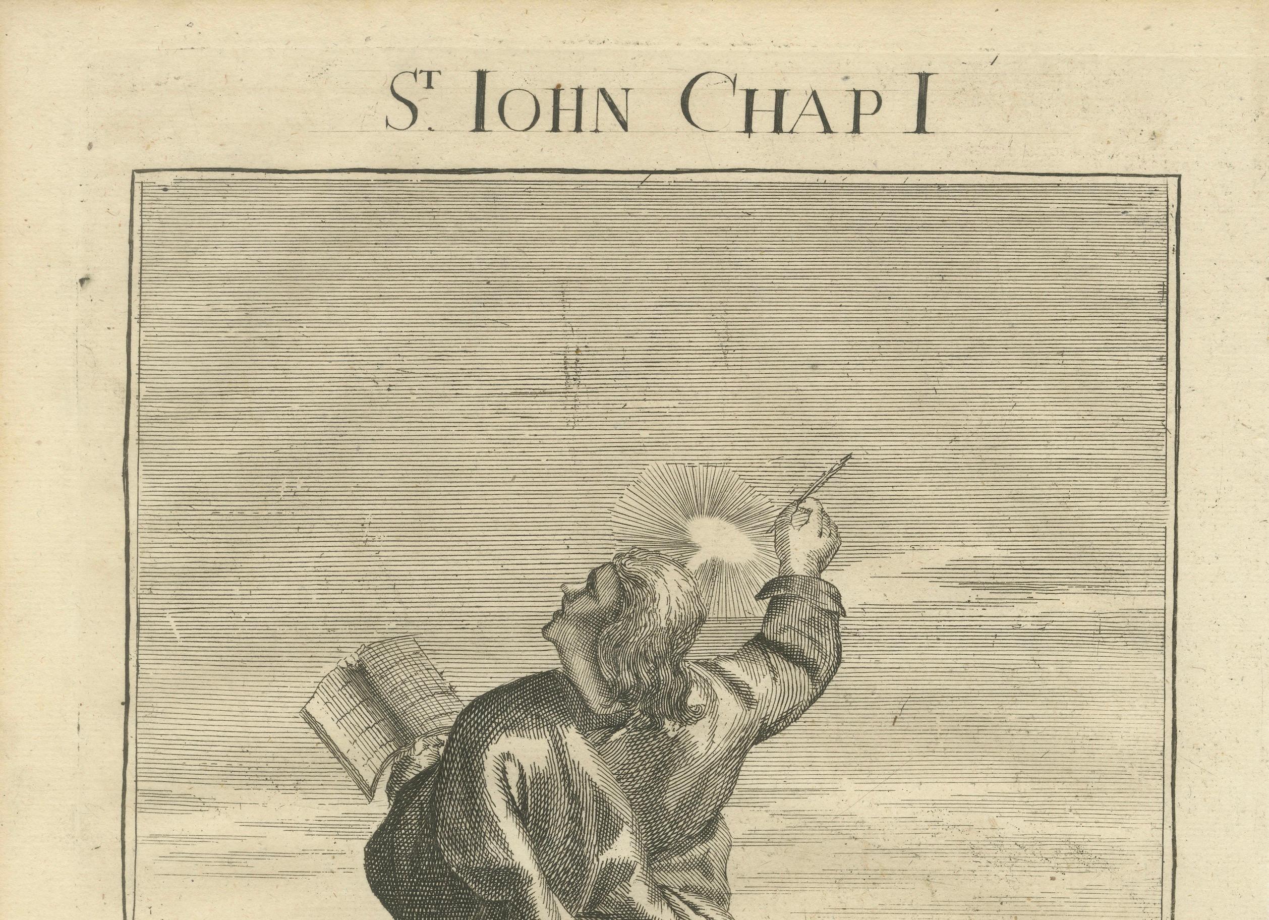 Title: St. John Apostle Engraving – John I Evangelist with Gospel c.1735

Description:
This elegant antique engraving titled “St. John the Apostle” depicts John, the beloved disciple and evangelist, referencing John Chapter I. Created circa 1735 for