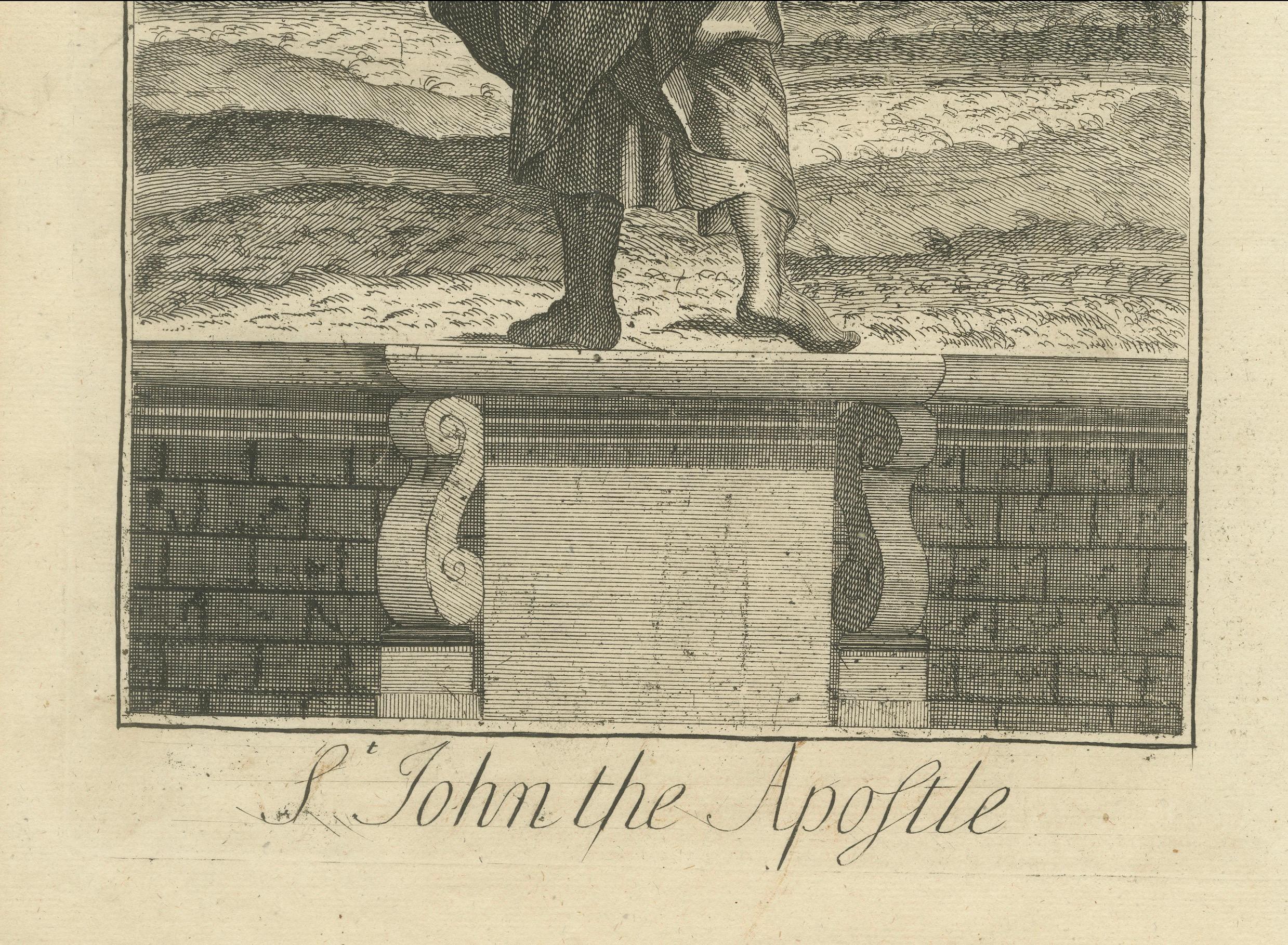English St. John Apostle Engraving – John I Evangelist with Gospel c.1735 For Sale