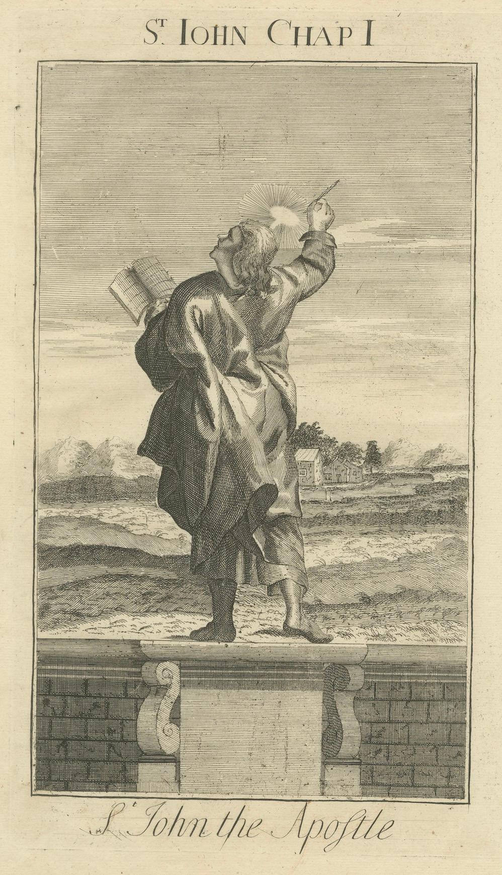 Mid-18th Century St. John Apostle Engraving – John I Evangelist with Gospel c.1735 For Sale
