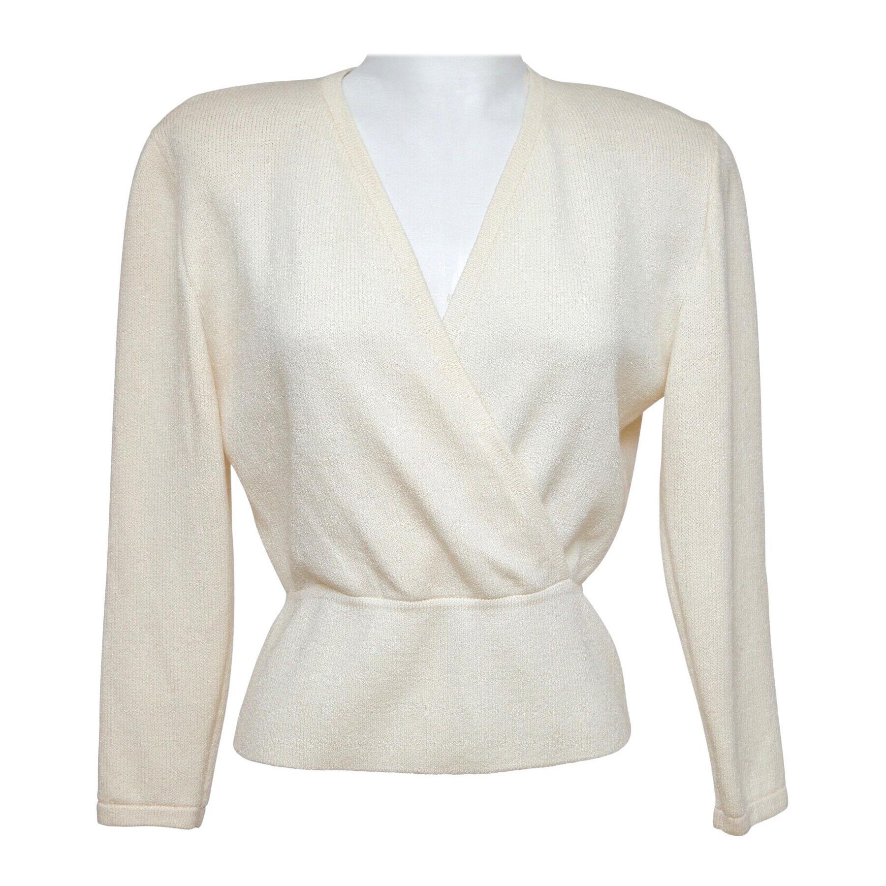 ST. JOHN BASICS Sweater Long Sleeve Knit Top Pullover Ivory V-Neck Sz S For Sale