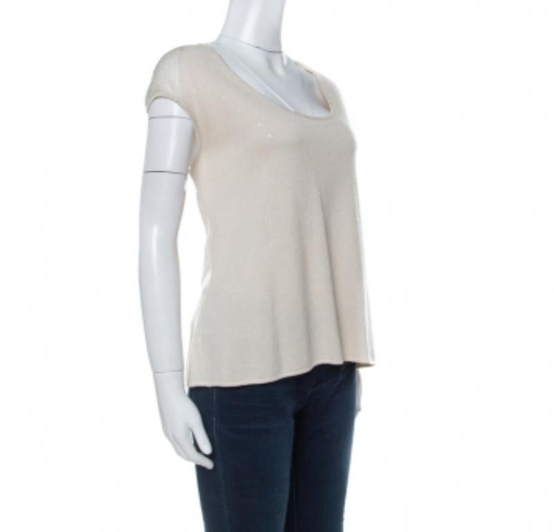 St. John Beige Stricken verschönert Crochet zurück Detail Französisch Ärmel Top L im Zustand „Gut“ im Angebot in Dubai, Al Qouz 2