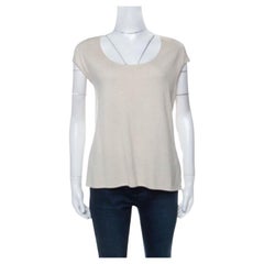 St. John Beige Knit Embellished Crochet Back Detail French Sleeve Top L