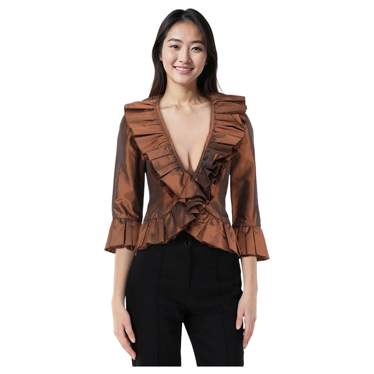 St. John Brown Ruffle Trim Jacket Size XS For Sale