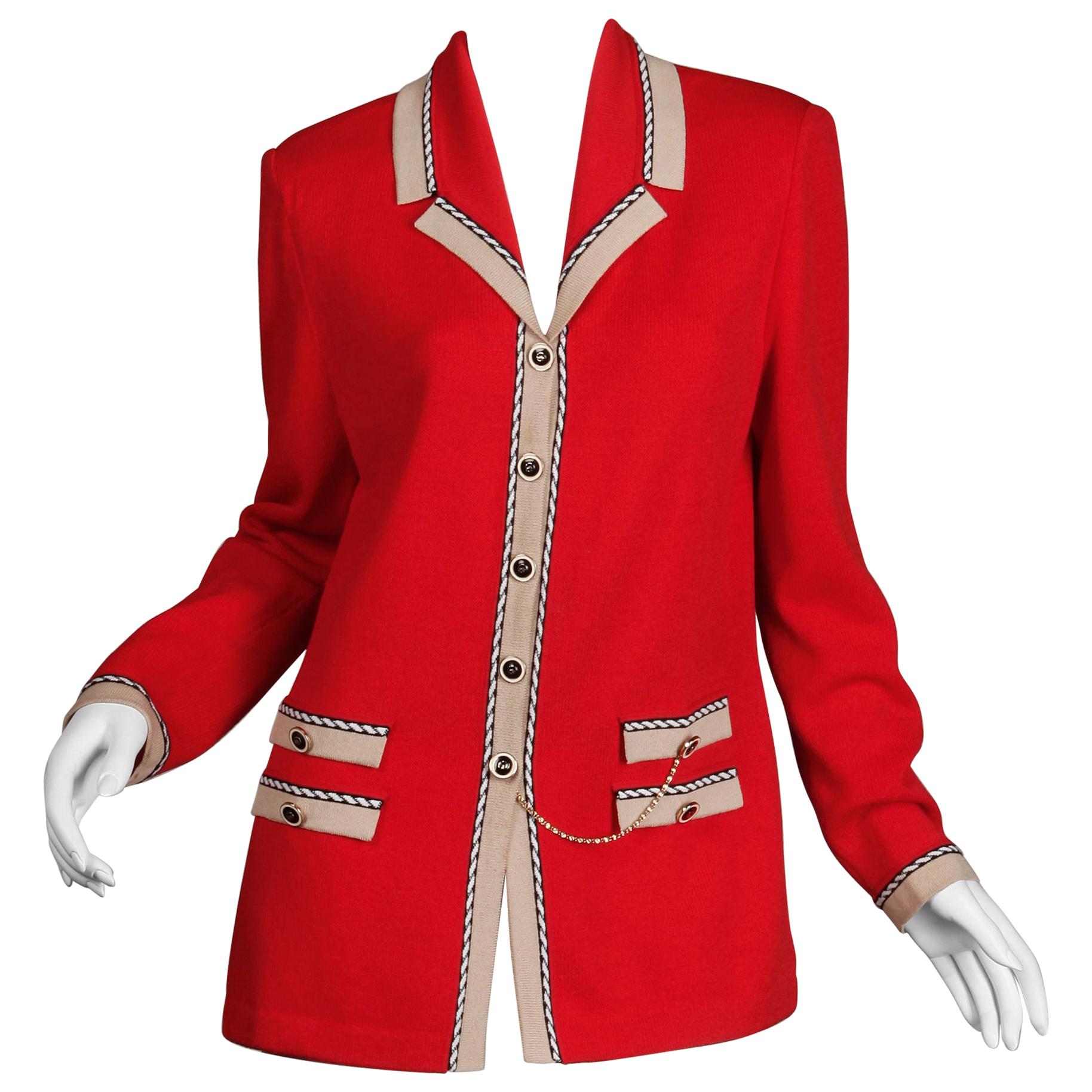 St. John by Marie Gray Vintage Military Red Knit Cardigan Sweater Jacket