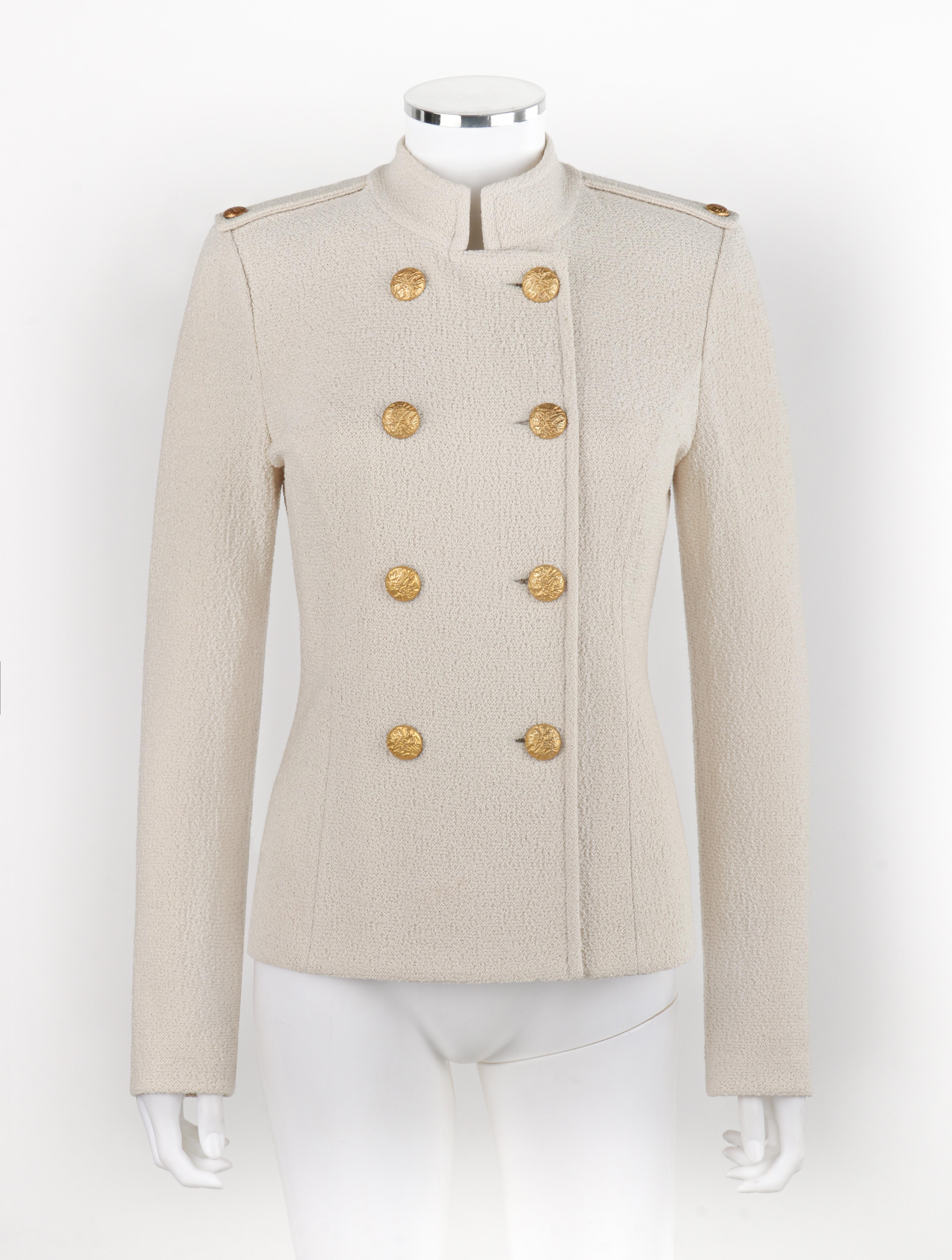 ST JOHN c.2010s Beige Knit Stand Collar Military Double-Breasted Blazer Jacket

Brand / Manufacturer: St. John
Circa: 2010s
Designer: Zoe Turner
Style: Double-breasted blazer jacket
Color(s): Shades of beige, gold
Lined: No
Unmarked Fabric Content