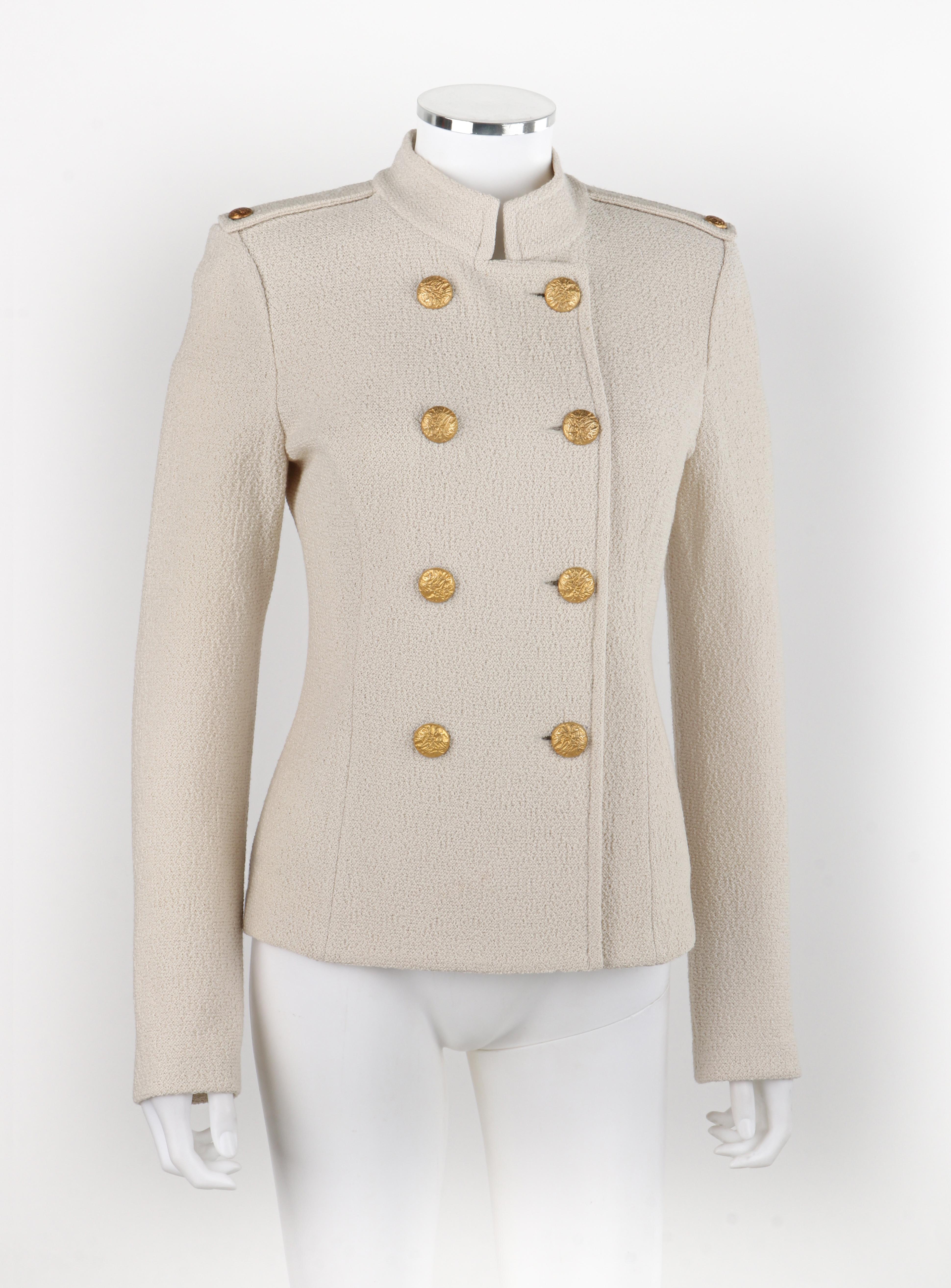 ST JOHN c.2010s Beige Knit Stand Collar Military Double-Breasted Blazer Jacket Damen im Angebot