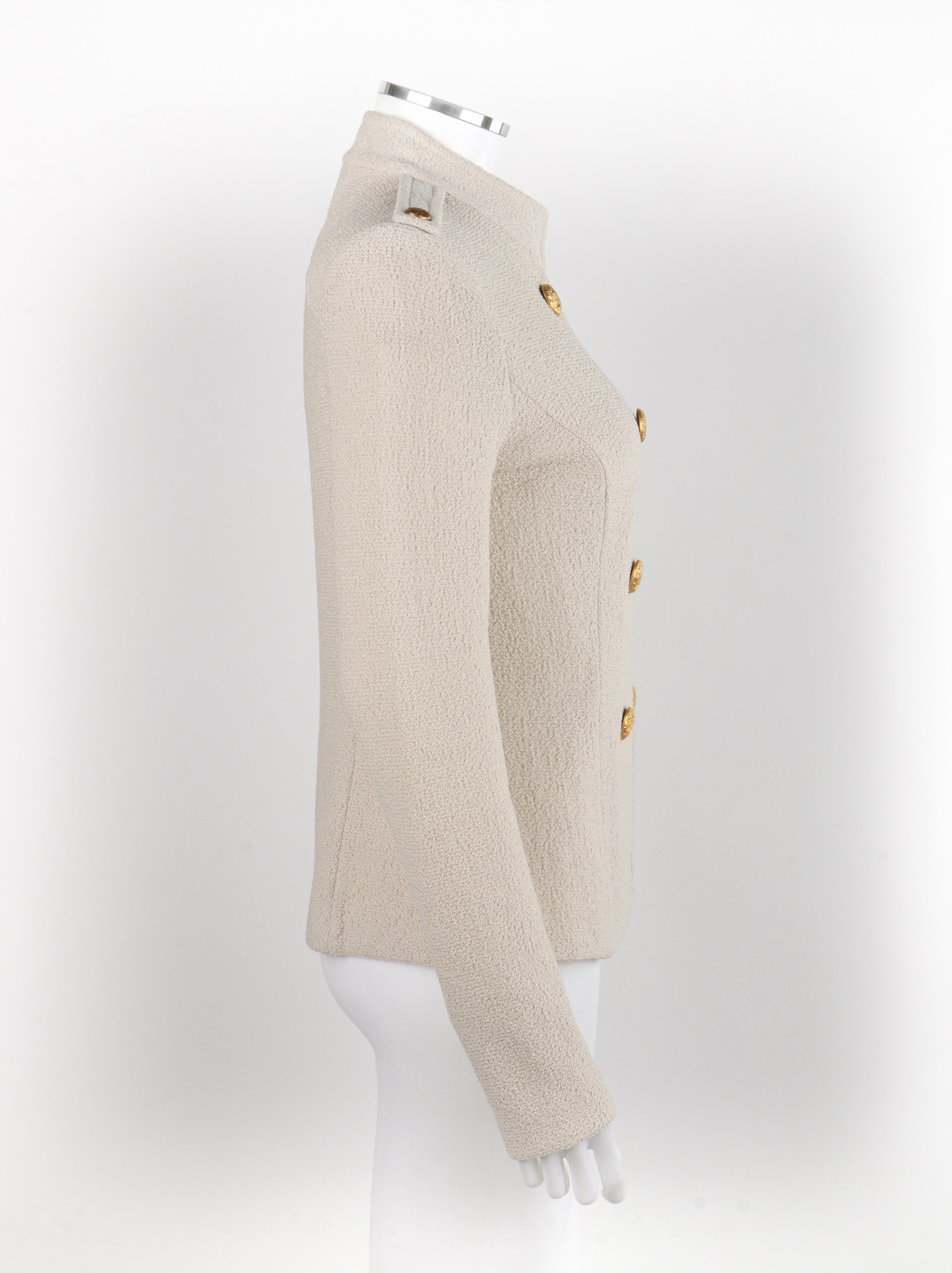 ST JOHN c.2010s Beige Knit Stand Collar Military Double-Breasted Blazer Jacket im Angebot 1