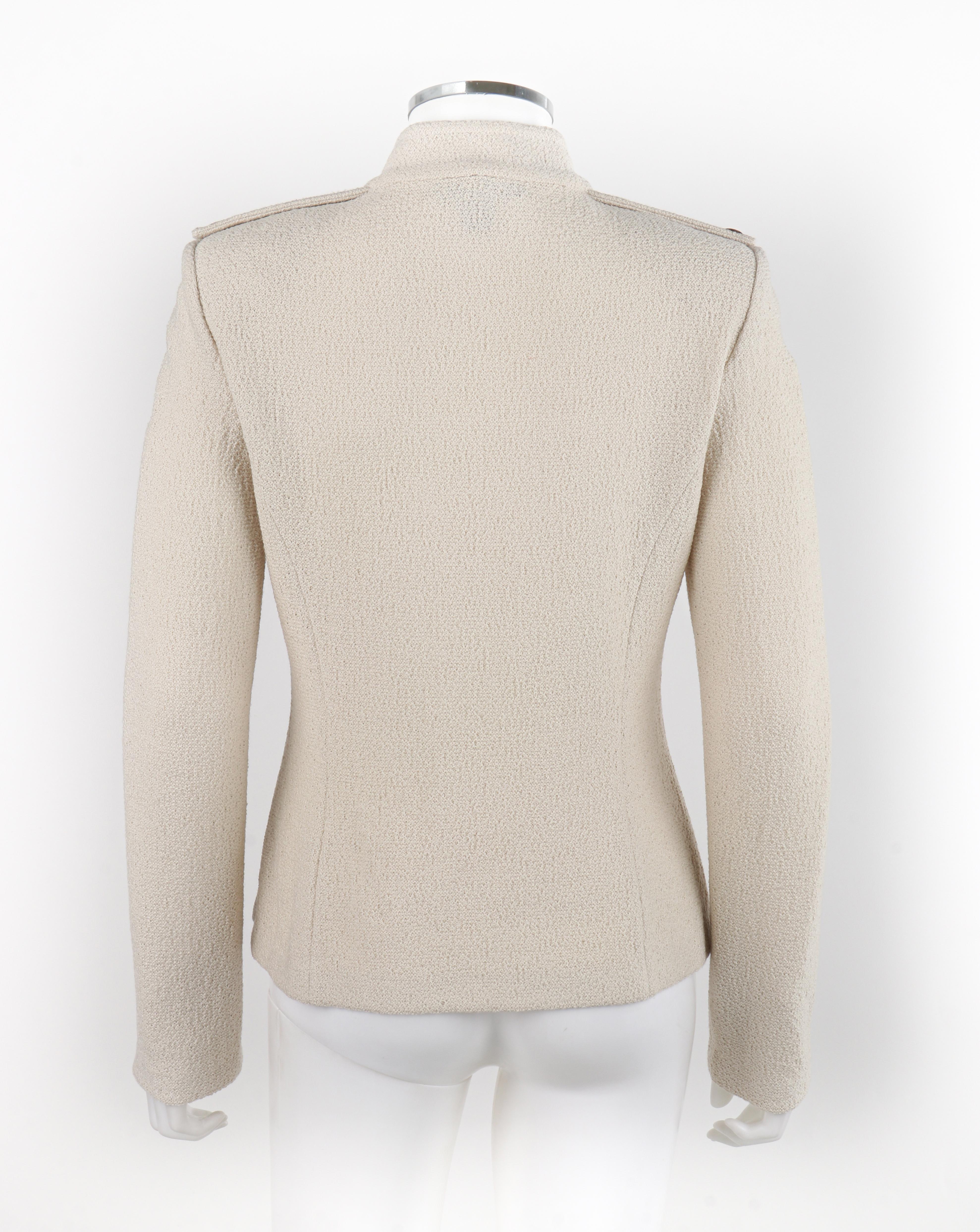 ST JOHN c.2010s Beige Knit Stand Collar Military Double-Breasted Blazer Jacket 1