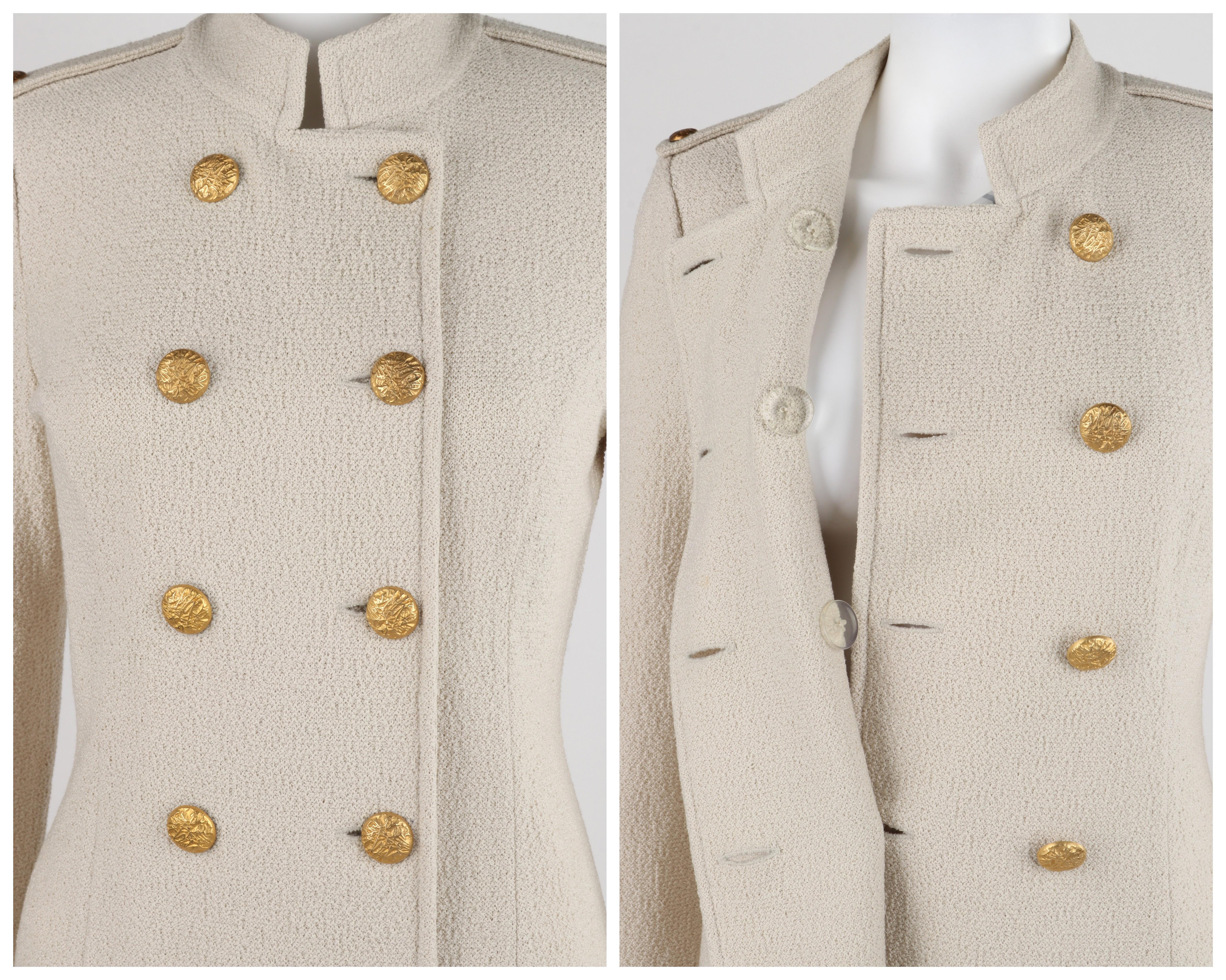ST JOHN c.2010s Beige Knit Stand Collar Military Double-Breasted Blazer Jacket 4