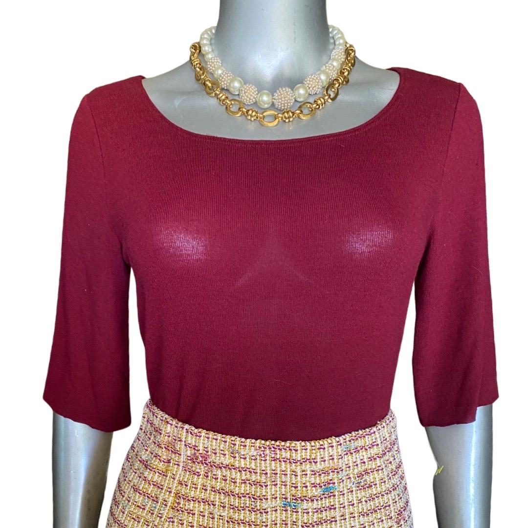 St John Collection 3 Piece Skirt Suit Knit Bouclé with Silk Print Trim Size 2 For Sale 6