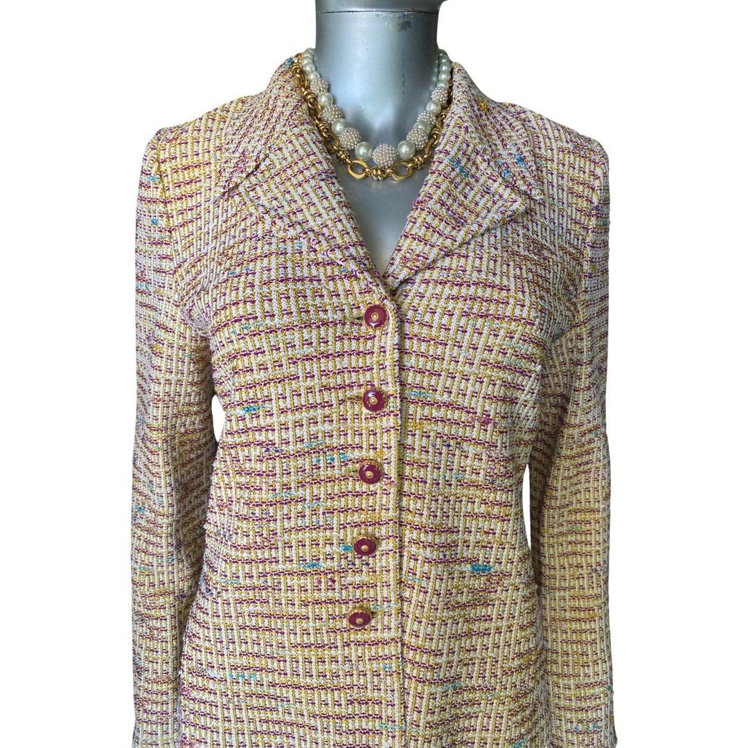 St John Collection 3 Piece Skirt Suit Knit Bouclé with Silk Print Trim Size 2 For Sale 7