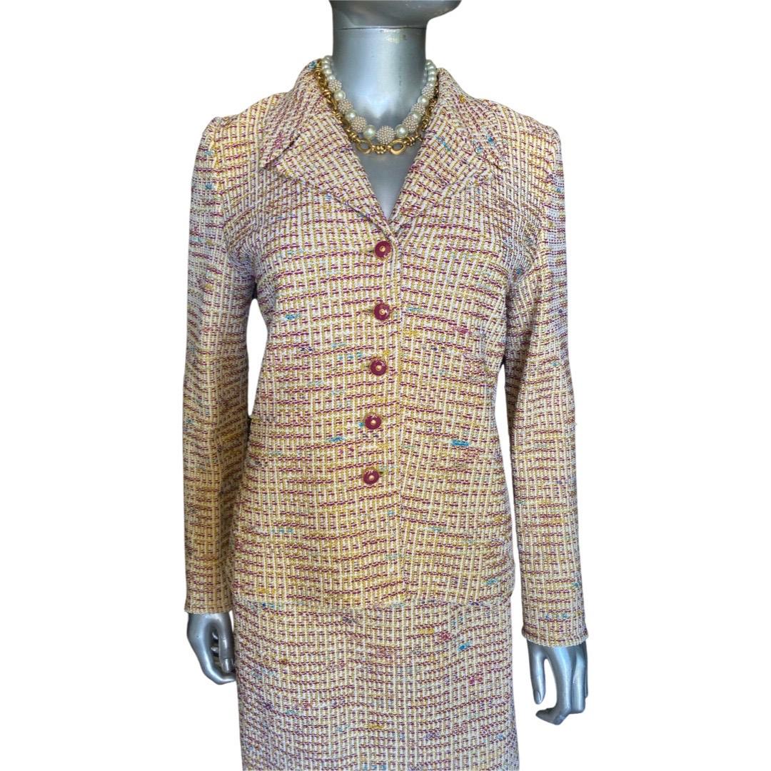 St John Collection 3 Piece Skirt Suit Knit Bouclé with Silk Print Trim Size 2 For Sale 8
