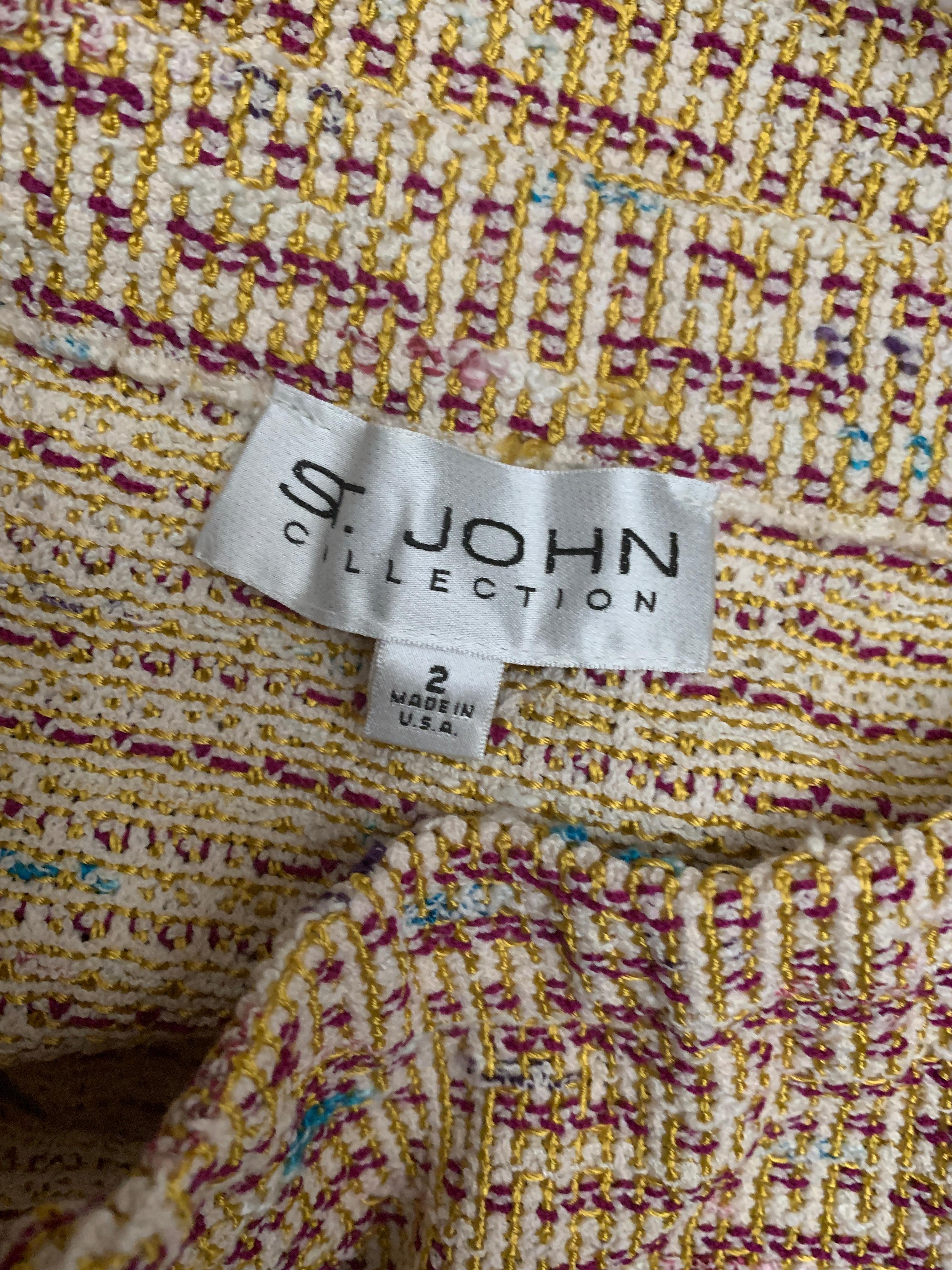 St John Collection 3 Piece Skirt Suit Knit Bouclé with Silk Print Trim Size 2 For Sale 10