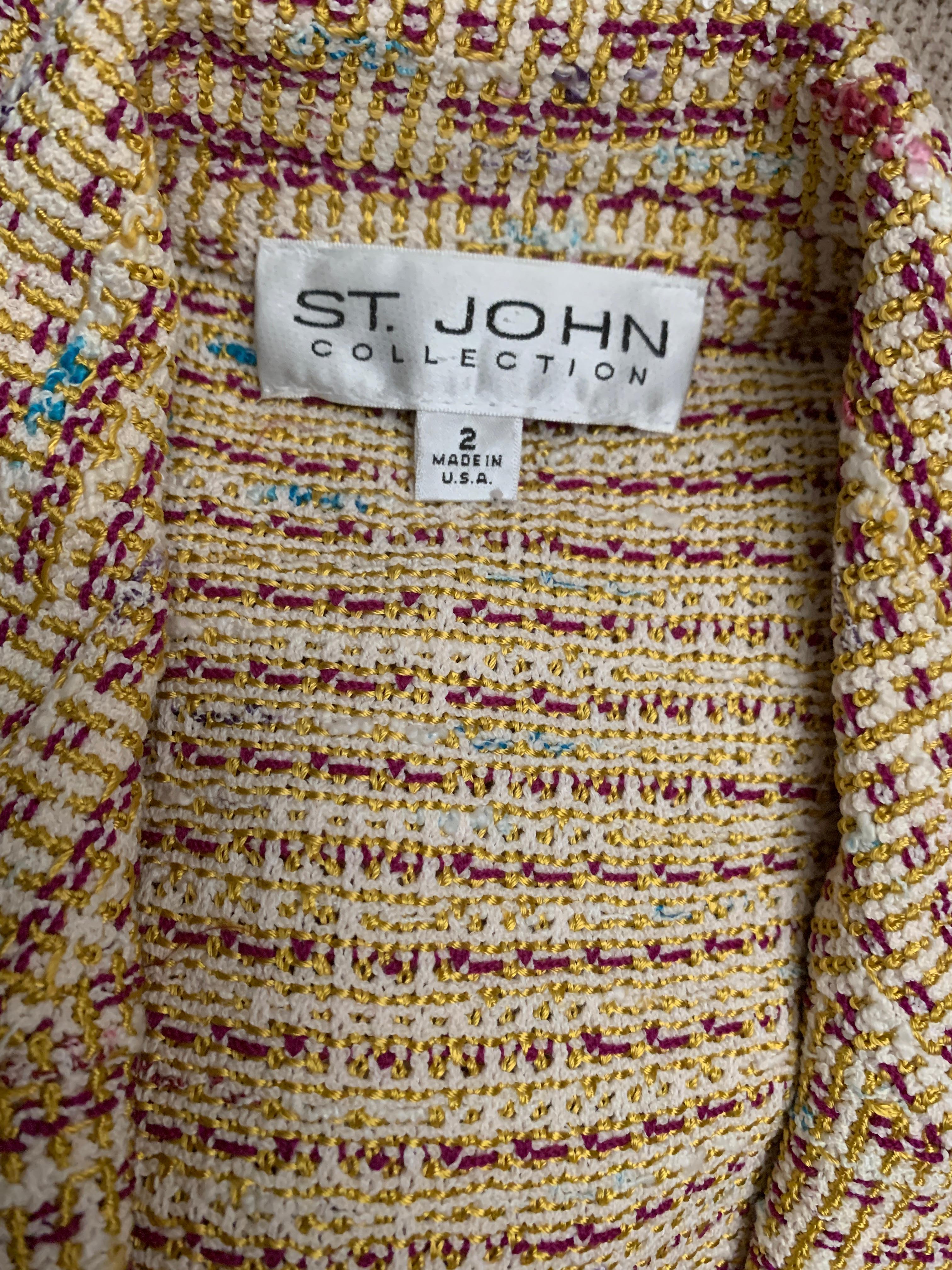 St John Collection 3 Piece Skirt Suit Knit Bouclé with Silk Print Trim Size 2 For Sale 11