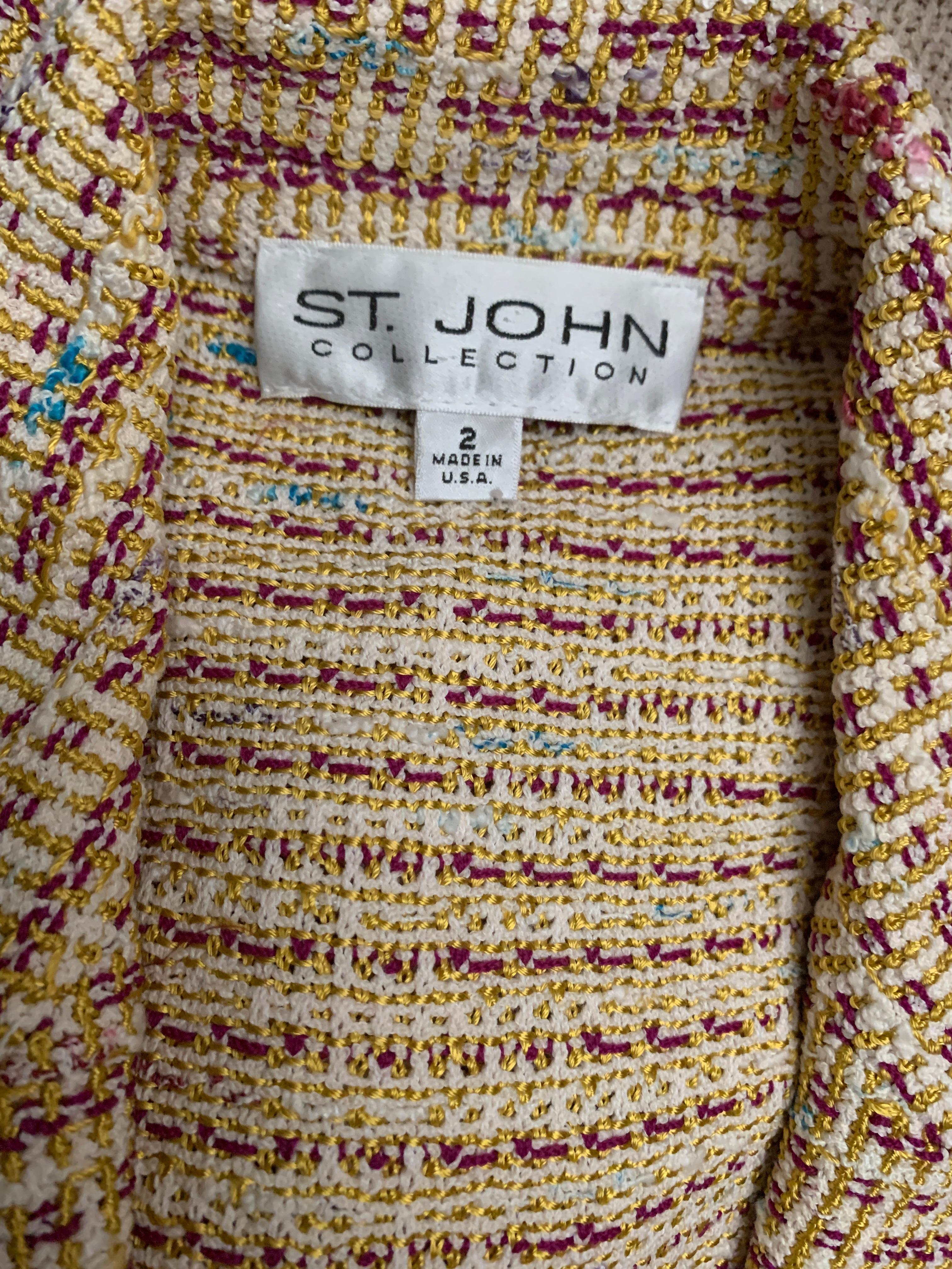 St John Collection 3 Piece Skirt Suit Knit Bouclé with Silk Print Trim Size 2 For Sale 10