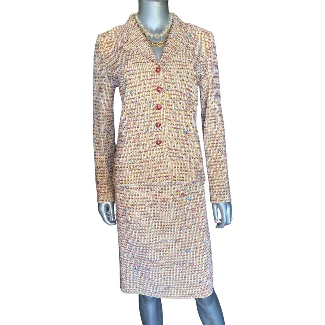 St John Collection 3 Piece Skirt Suit Knit Bouclé with Silk Print Trim Size 2 For Sale 4