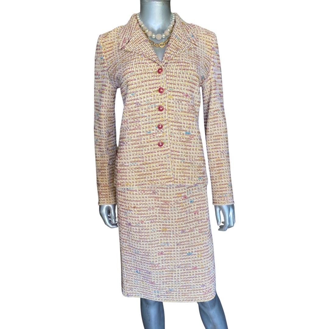 St John Collection 3 Piece Skirt Suit Knit Bouclé with Silk Print Trim Size 2 For Sale 3