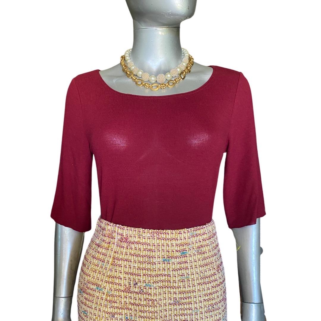 St John Collection 3 Piece Skirt Suit Knit Bouclé with Silk Print Trim Size 2 For Sale 5