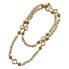 St. John Collection 44" Gold, Pearl & Faceted Crystal Long Necklace, 1990s