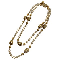 St. John Collection 53" Long Gold & Pearl Necklace, 1990s