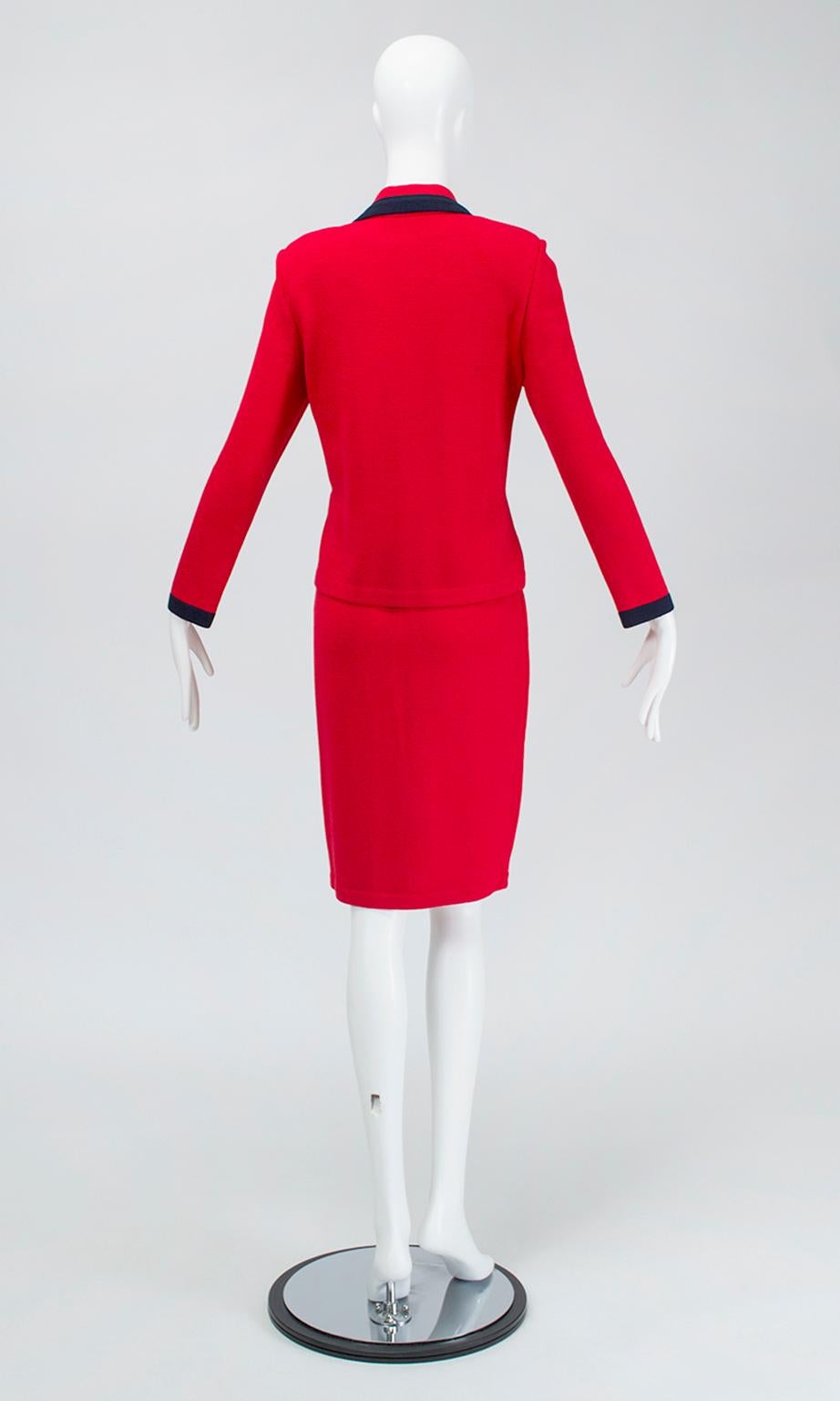 St John Collection Nautical Red Cardigan Dress Suit with Gold Accents – M, 1990s In Excellent Condition In Tucson, AZ