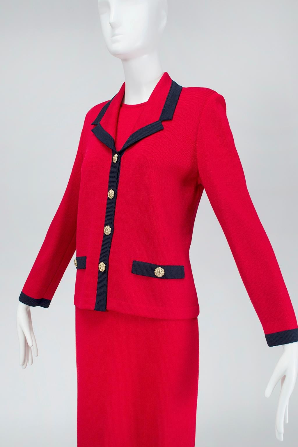 Women's St John Collection Nautical Red Cardigan Dress Suit with Gold Accents – M, 1990s