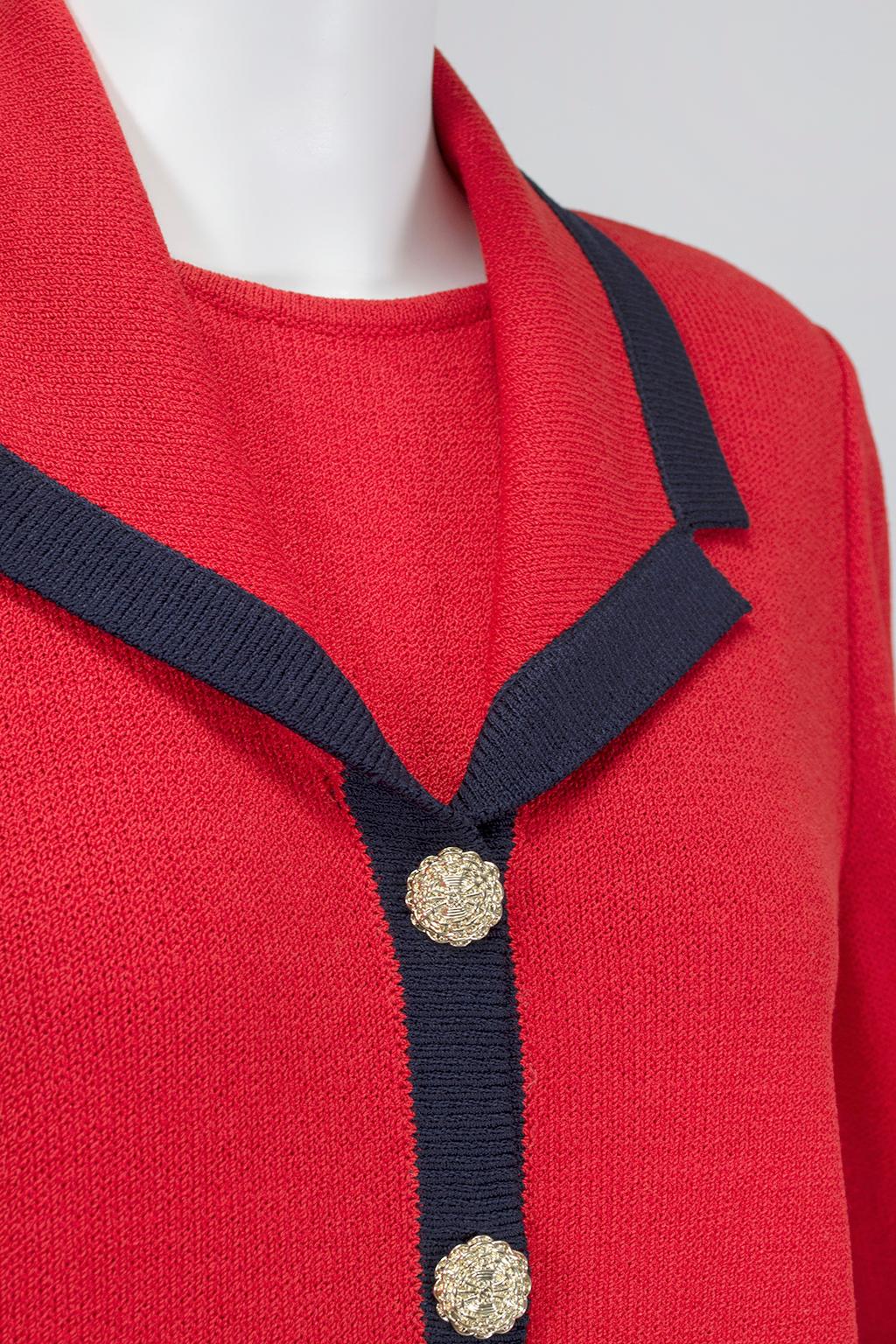 St John Collection Nautical Red Cardigan Dress Suit with Gold Accents – M, 1990s 1