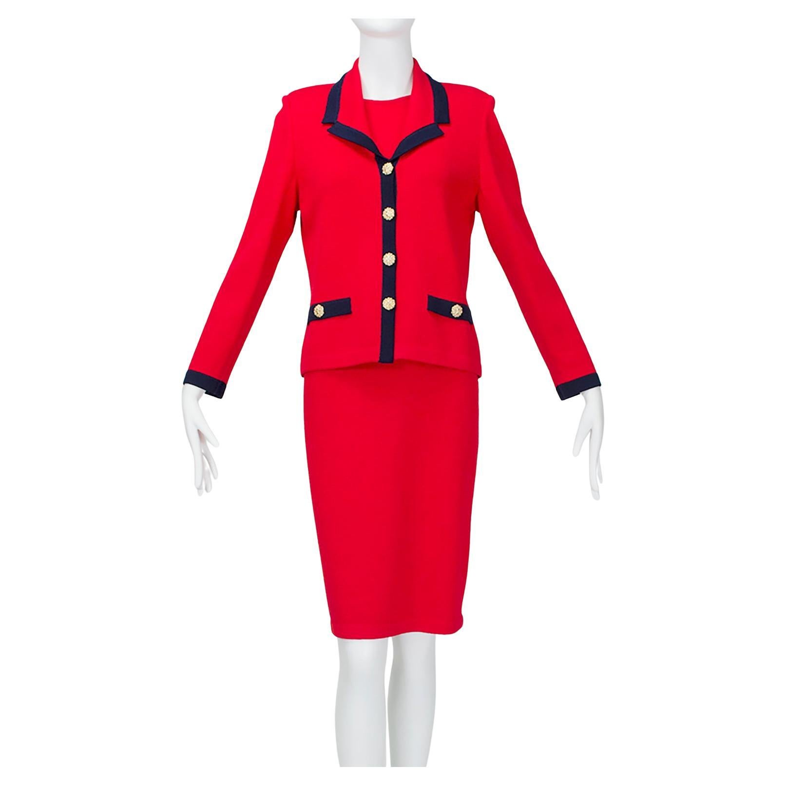 St John Collection Nautical Red Cardigan Dress Suit with Gold Accents – M, 1990s