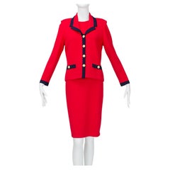 Retro St John Collection Nautical Red Cardigan Dress Suit with Gold Accents – M, 1990s