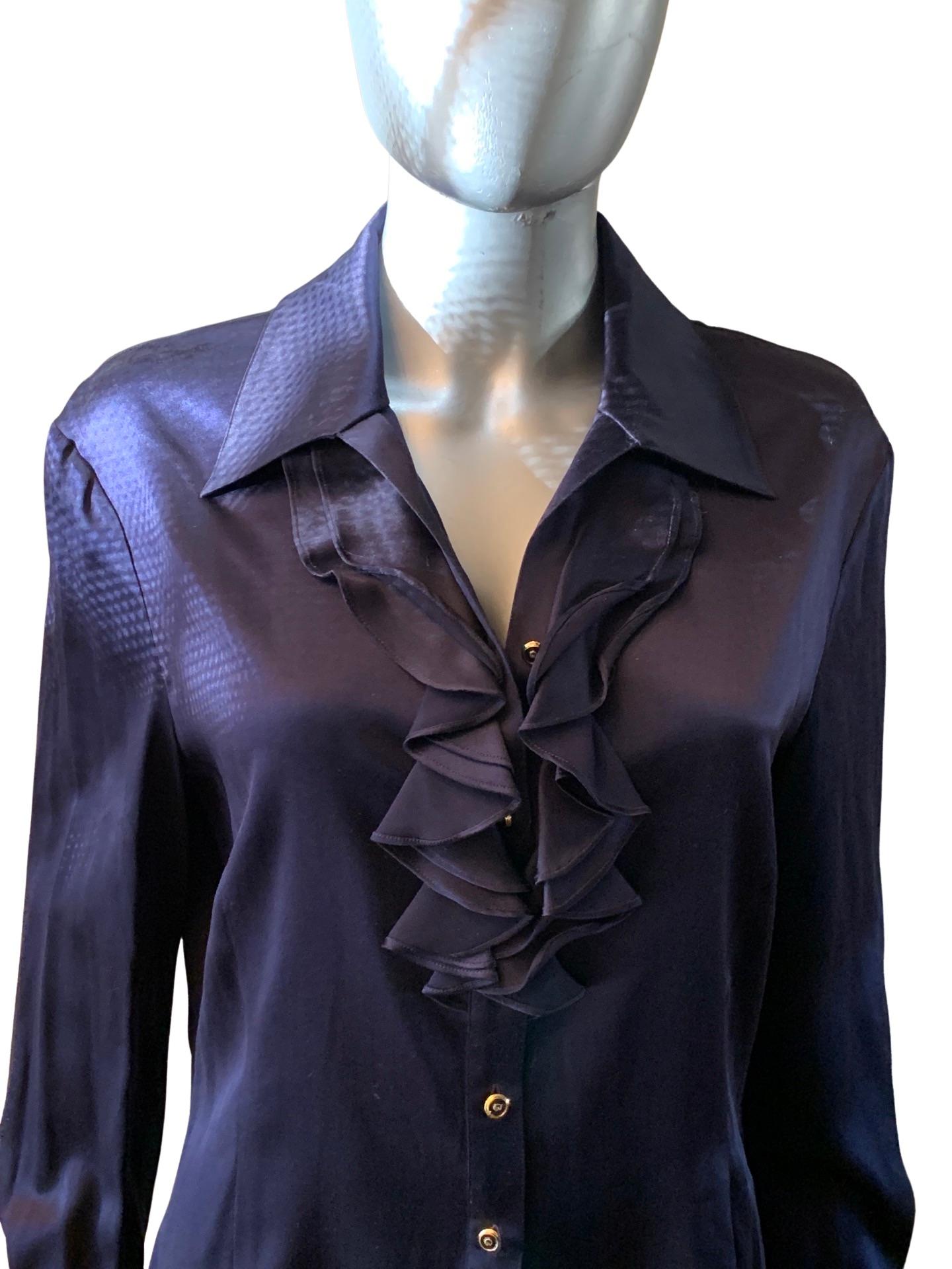 St. John Collection Navy Silk Charmeuse Ruffle Blouse Size 10 NWT   In Excellent Condition In Palm Springs, CA