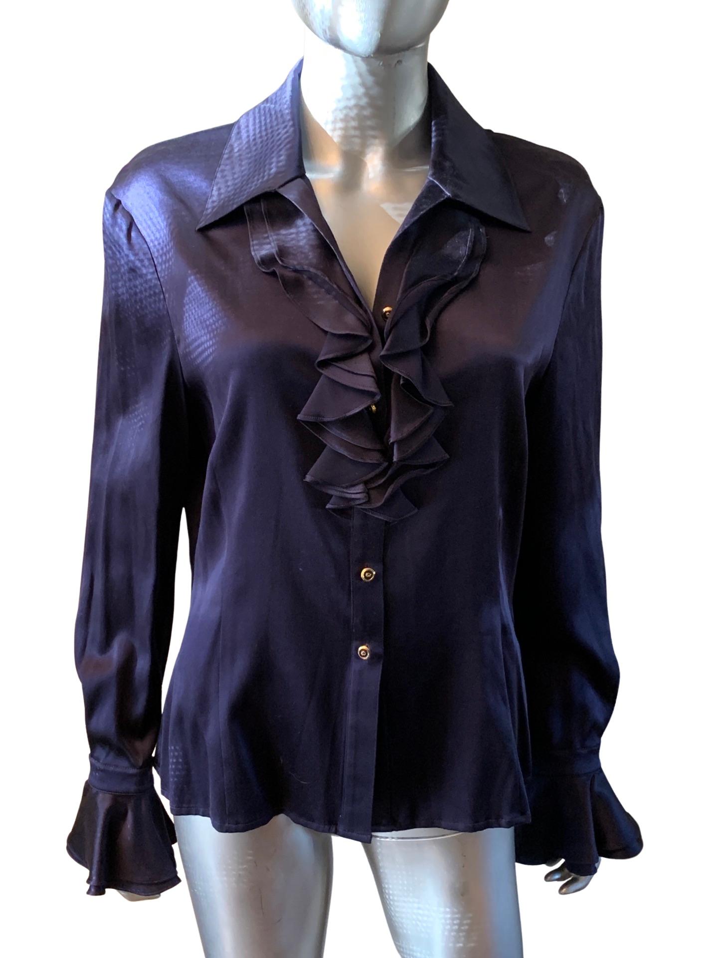 Women's St. John Collection Navy Silk Charmeuse Ruffle Blouse Size 10 NWT  