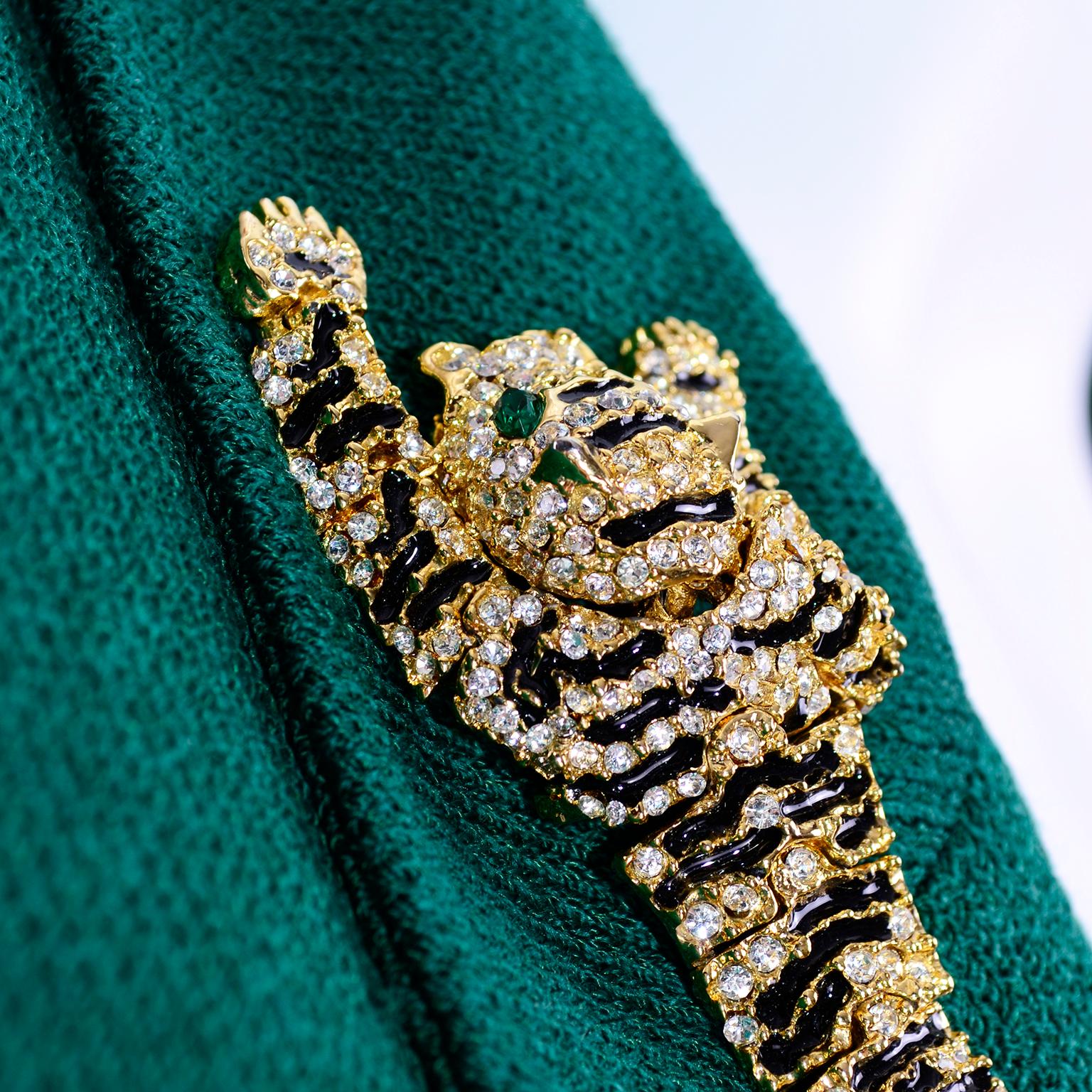 St John Collection Vintage Green Santana Knit Button Front Jacket W Tiger Brooch 4