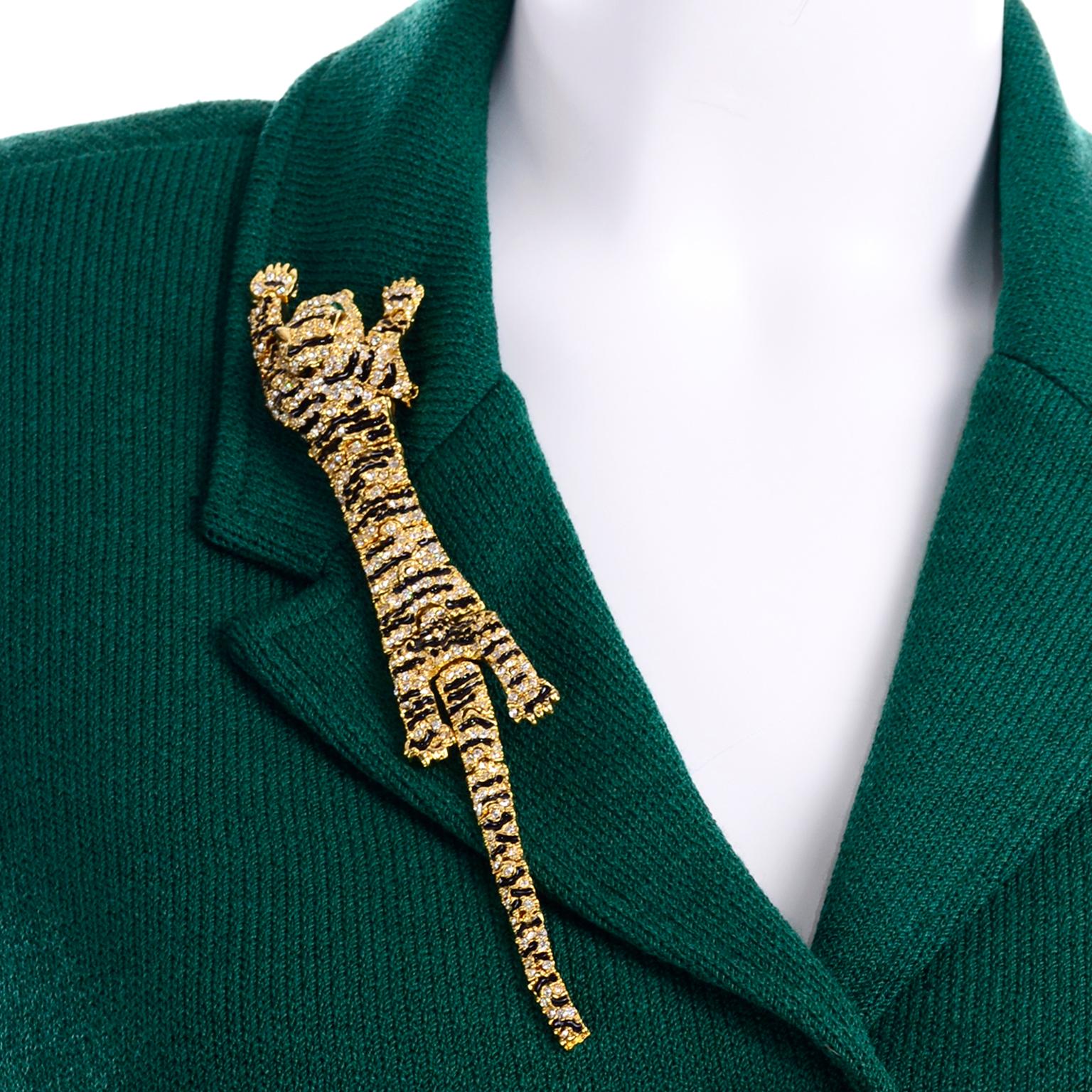 Women's St John Collection Vintage Green Santana Knit Button Front Jacket W Tiger Brooch