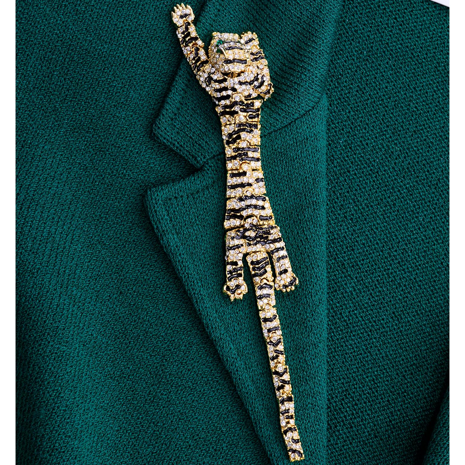 St John Collection Vintage Green Santana Knit Button Front Jacket W Tiger Brooch 1