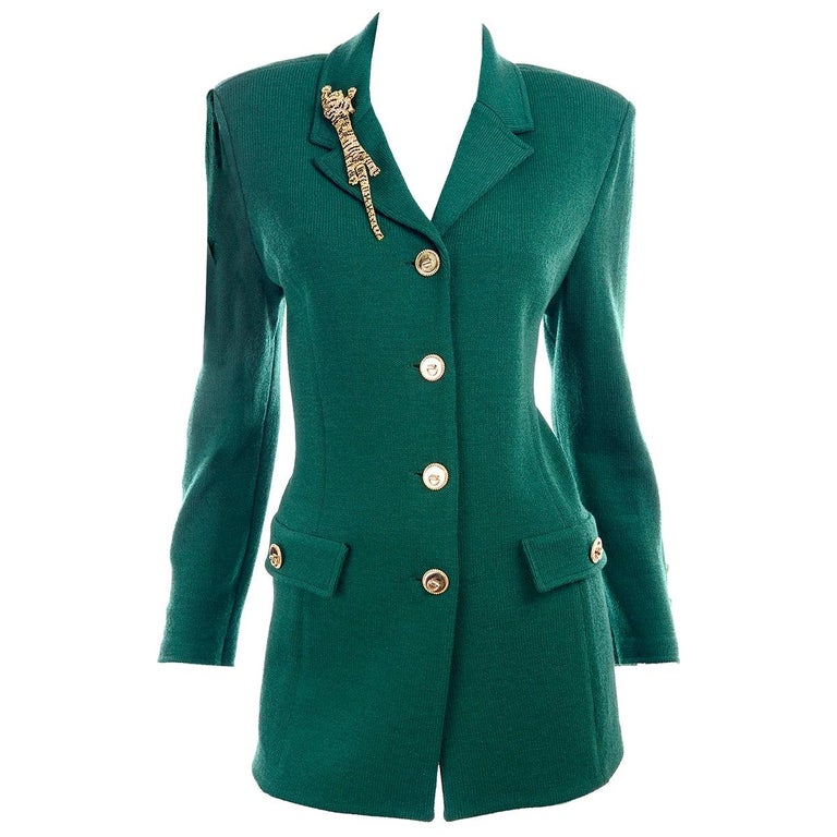 St John Collection Vintage Green Santana Knit Button Front Jacket W Tiger  Brooch For Sale at 1stDibs | st. john collection, st.john collection