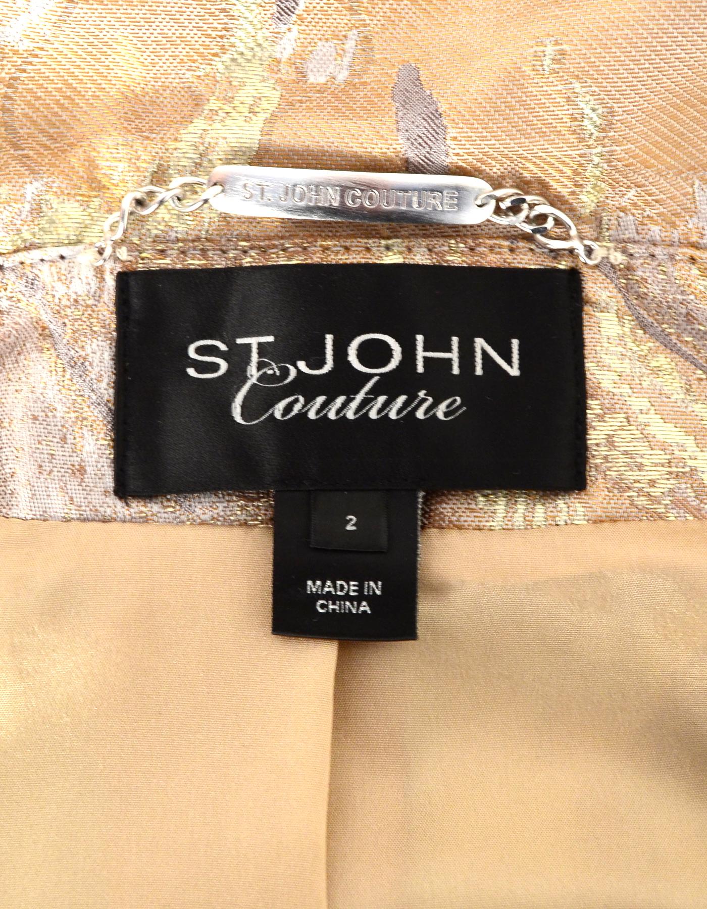 Beige St. John Couture Grey/Gold Metallic Jacquard Coat, Crystal Button/Bead Trim Sz 2