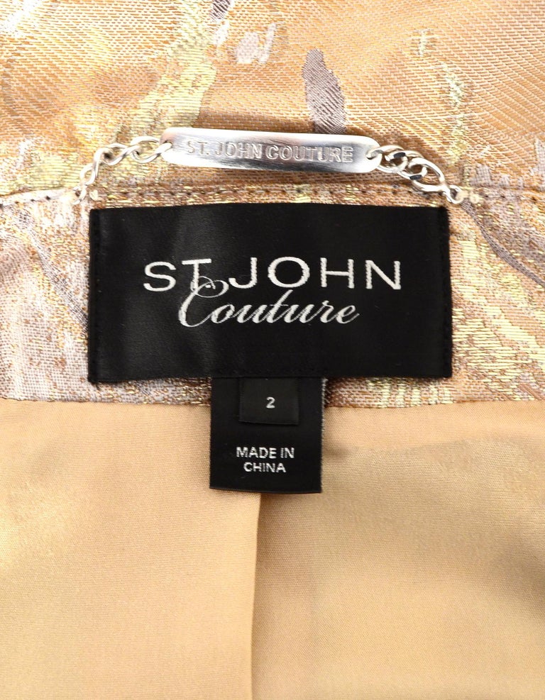 St. John Couture Grey/Gold Metallic Jacquard Coat, Crystal Button/Bead ...
