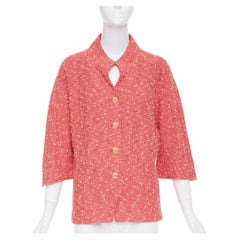 ST JOHN COUTURE light red textured boucle tweed gold button jacket US14 3XL