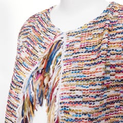 ST JOHN COUTURE multicolor rainbow ribbon trim tweed fringe knit cardigan M