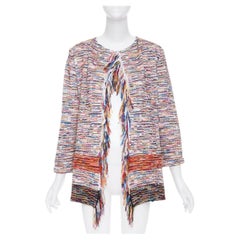 ST JOHN COUTURE multicolor rainbow ribbon trim tweed fringe knit cardigan M