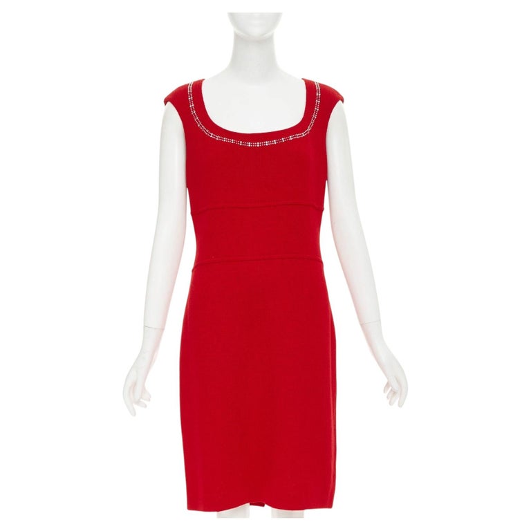 ST JOHN COUTURE Red crystal embellished scoop neck knit dress US8 M For Sale at 1stDibs