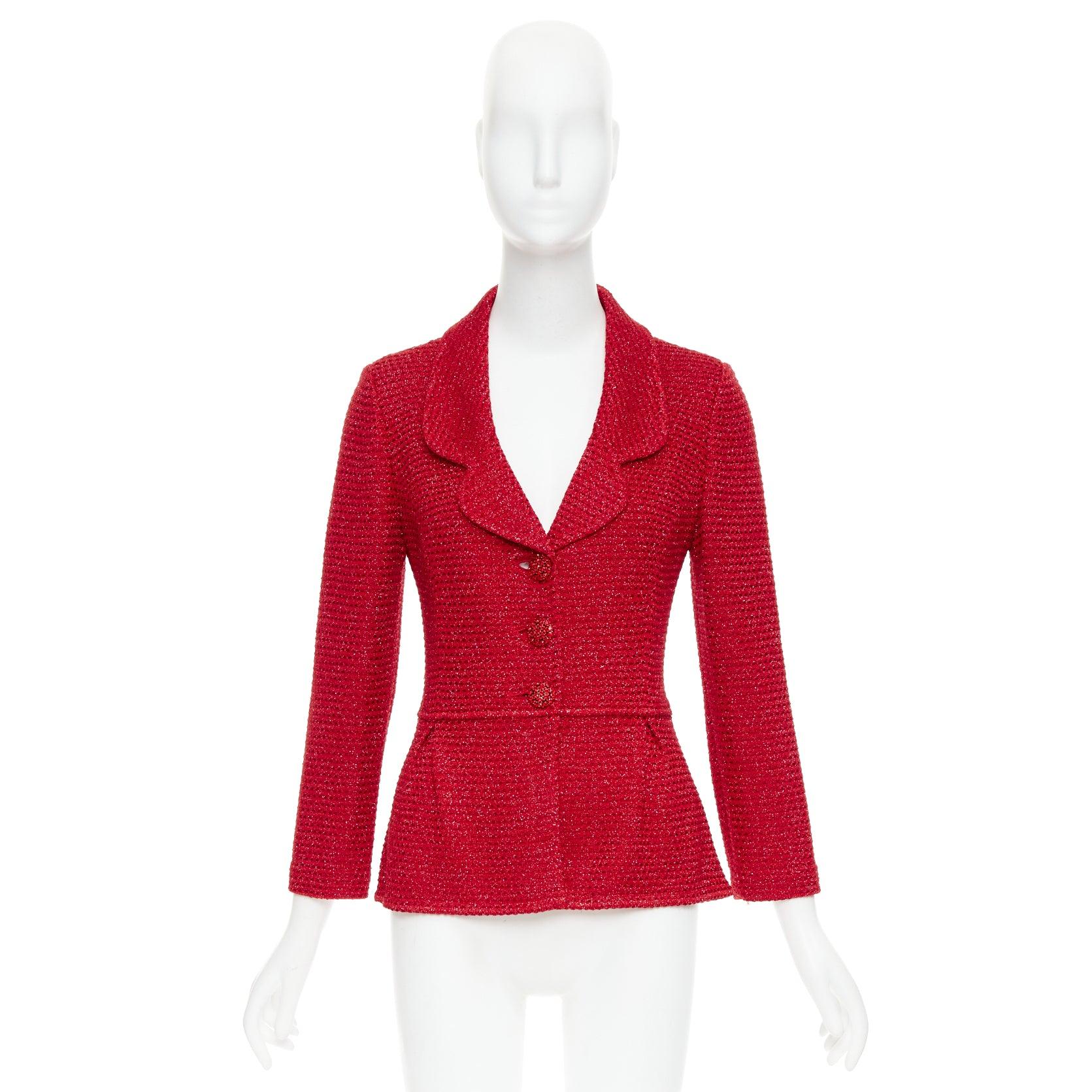 ST JOHN COUTURE blazer peplum de punto de tweed rojo metalizado con botones de cristal US6 M en venta 5