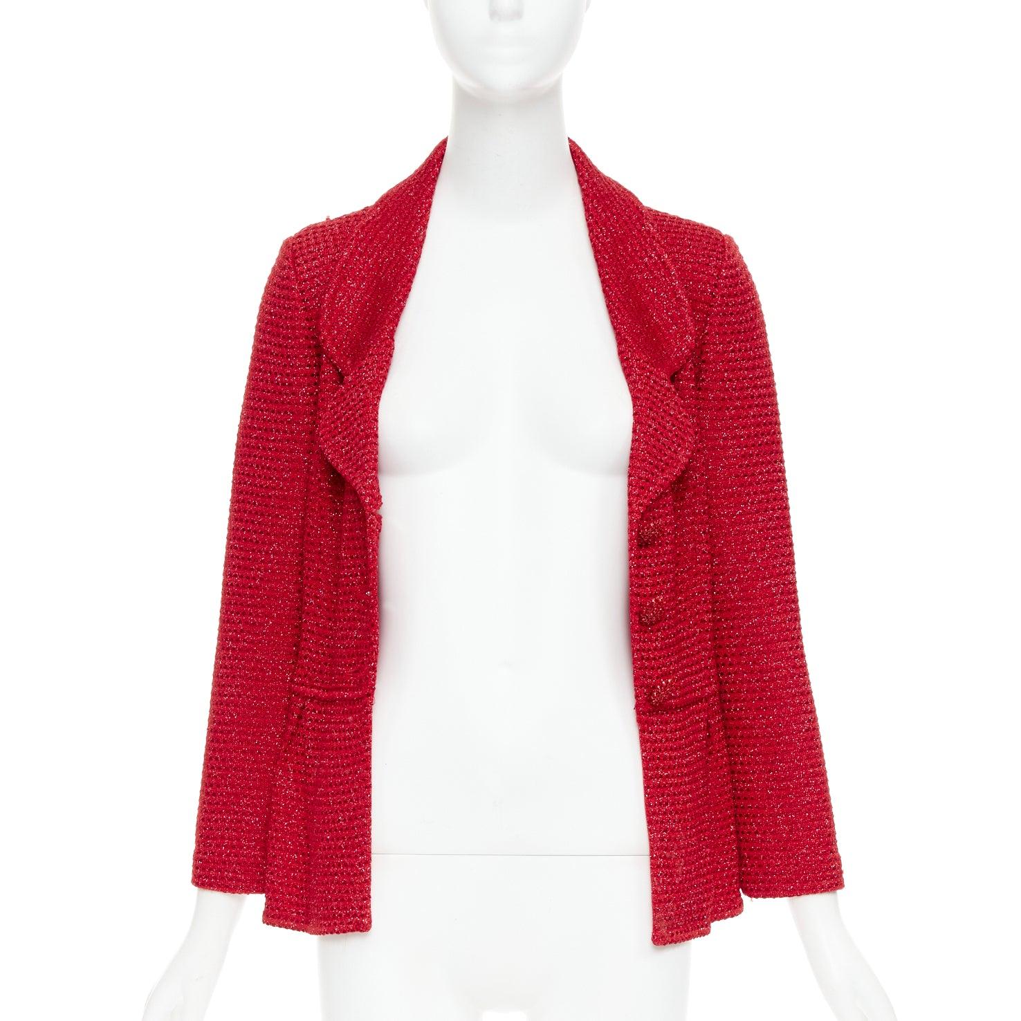 ST JOHN COUTURE blazer peplum de punto de tweed rojo metalizado con botones de cristal US6 M Rojo en venta