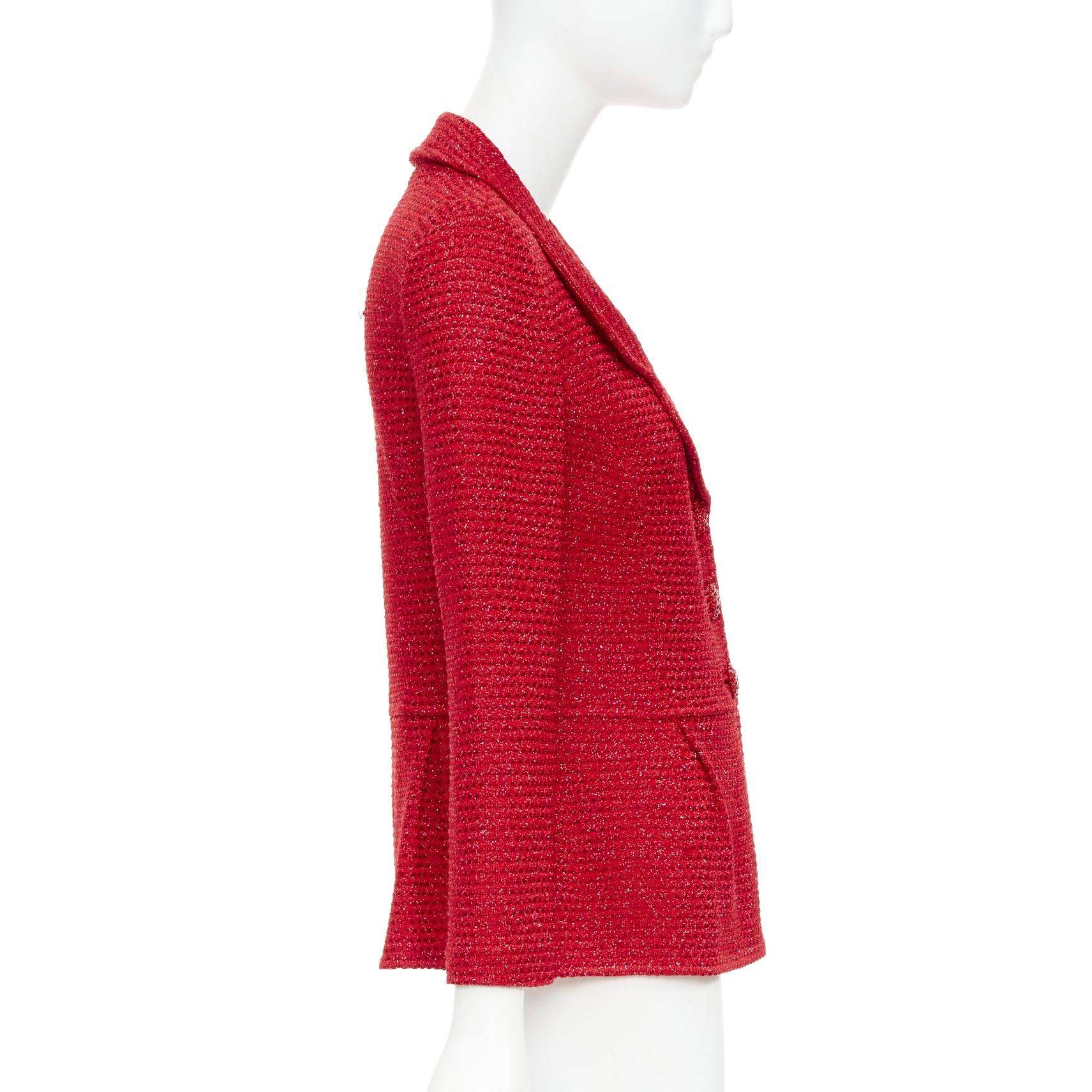 De las mujeres ST JOHN COUTURE blazer peplum de punto de tweed rojo metalizado con botones de cristal US6 M en venta